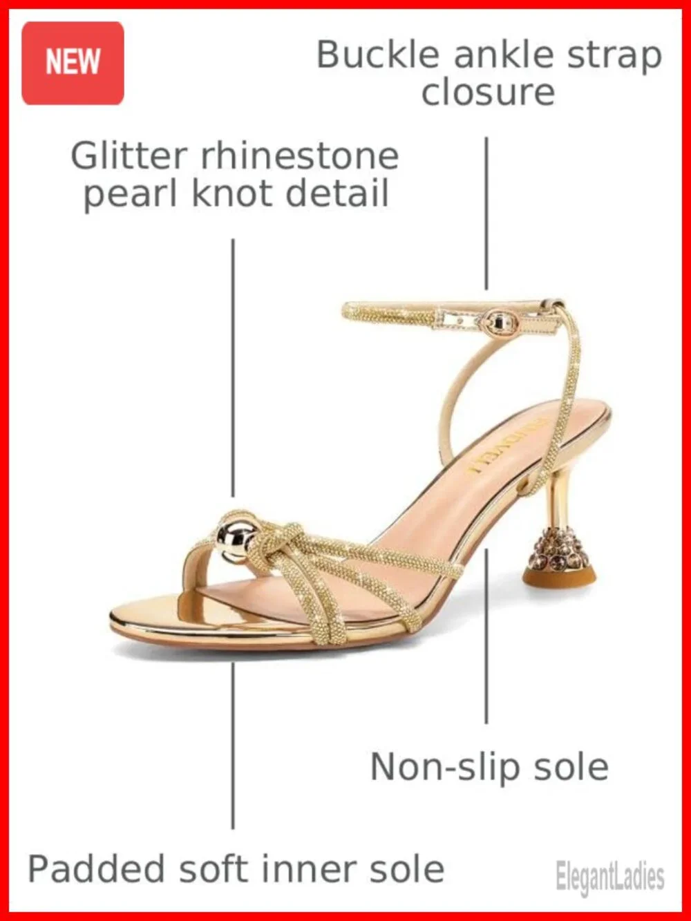 Kitten Heel Rhinestone Pearl Low Heel Strappy Sandals Sparkly Round Toe Ankle